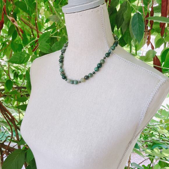 VTG Moss Agate and Peacock Pearl Beaded Artisan Necklace Y2K Natural Stone - Picture 7 of 10